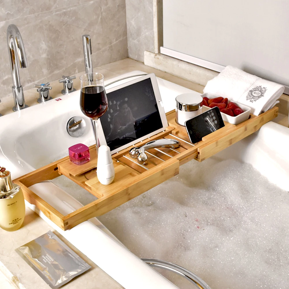 Bamboo Bathtub Rack Multi-function Telescopic Storage Rack Adjustable Wood Bath Tub Organizer BathTub Sink Tray