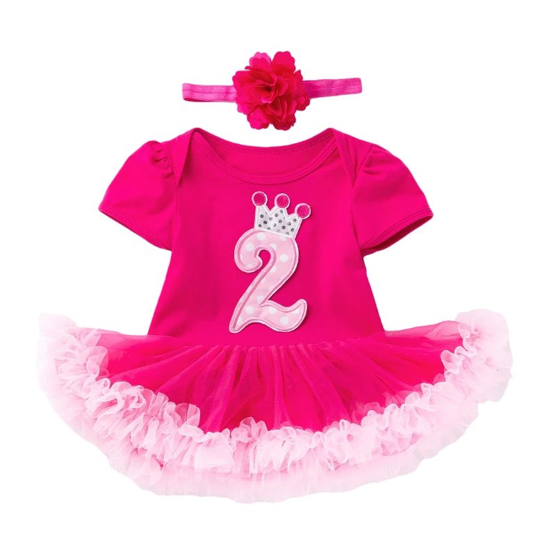 2nd Birthday Outfit 2 Year Old Romper Tutu Dress for Baby Girl Newborn Toddler Bodysuit Christening Gown with Flower Headband