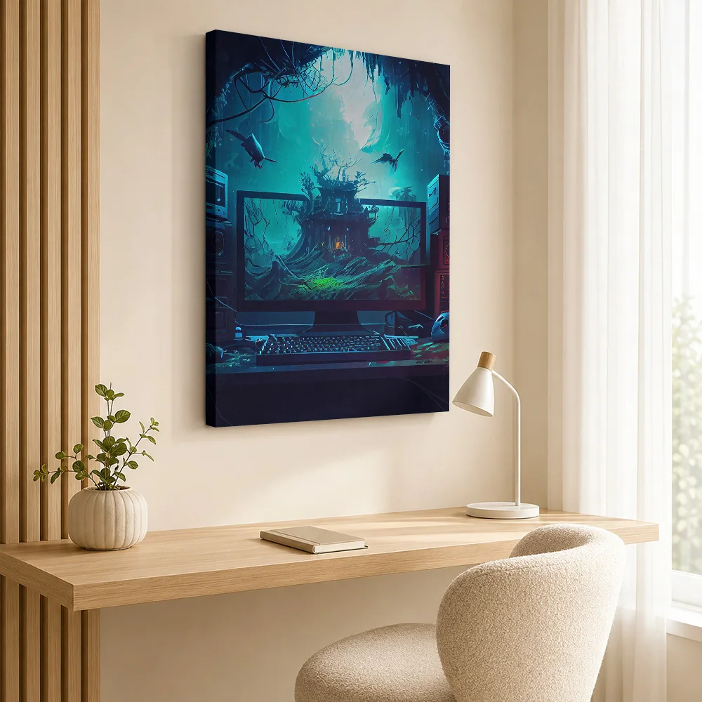 Gaming Coming To Life Monitor Scene Canvas Posters Bold Typography Wall Decor With Customized Photo For Teen Room Ideal Fan Gift
