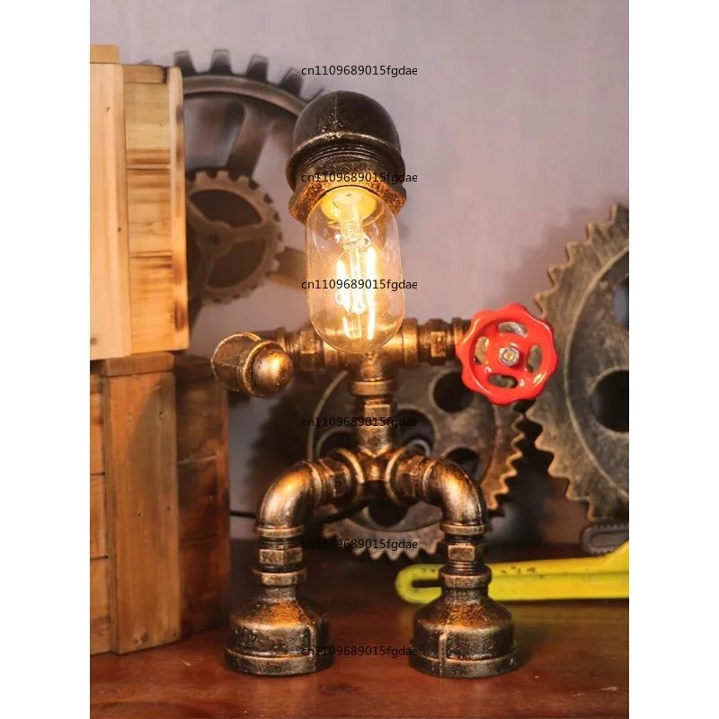 

Vintage industrial style decor creative punk gift coffee bar water pipe robot ambient table lamp ornament