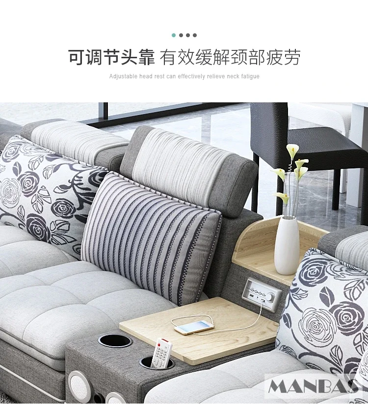 MINGDIBAO Nordic Fabric Sofa Set z głośnikiem Bluetooth i USB - Nowoczesne sofy modułowe do salonu Duża narożna kanapa z tkaniny w kształcie litery U