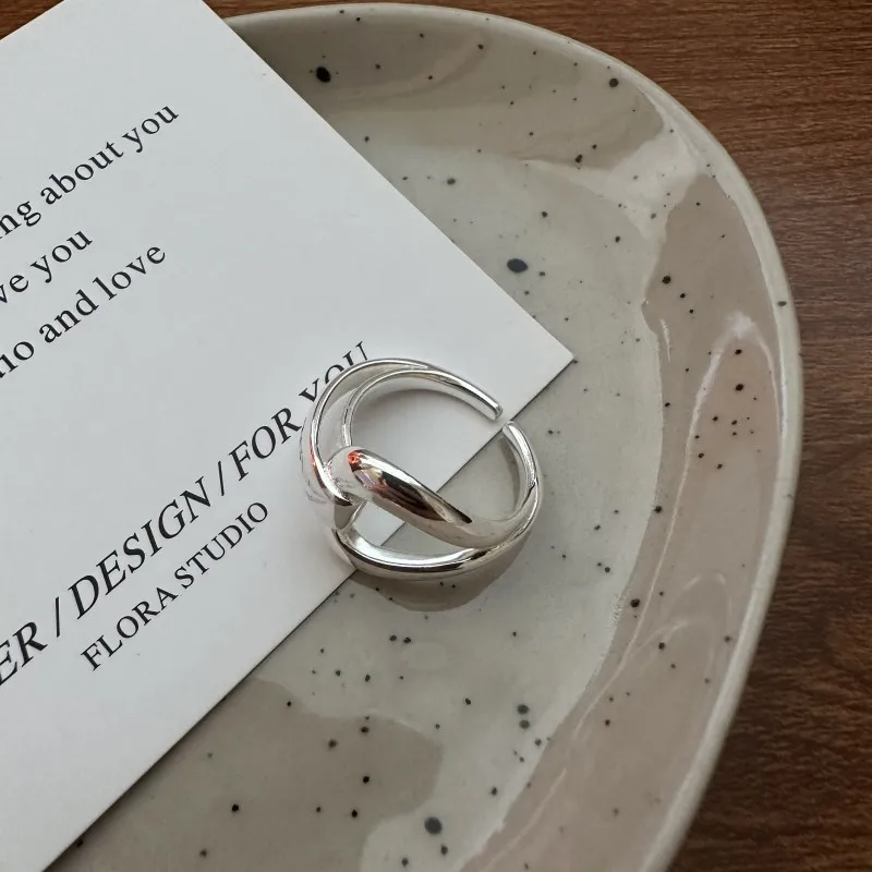 

S925 Sterling Silver Korean Version Niche Design Hollow Double Ring Fashionable Personality Wedding Engagement Party Free