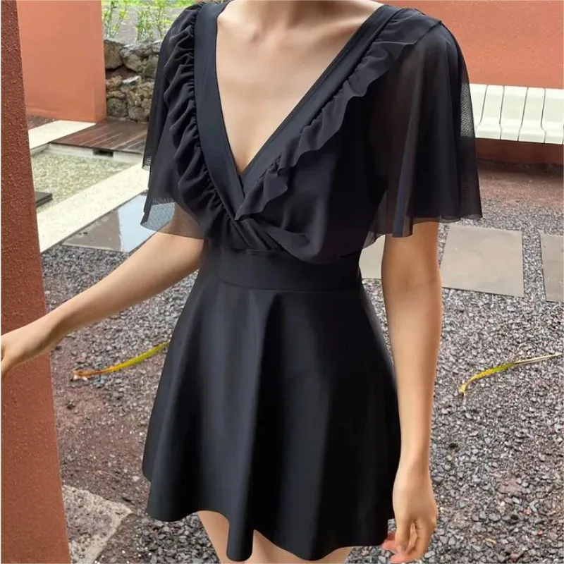

Korean Women's Swimwear Ins Style Printed Slim Shoulder Covering Conservative Hot Spring One Piece Dress Swimwear Beach Vacation