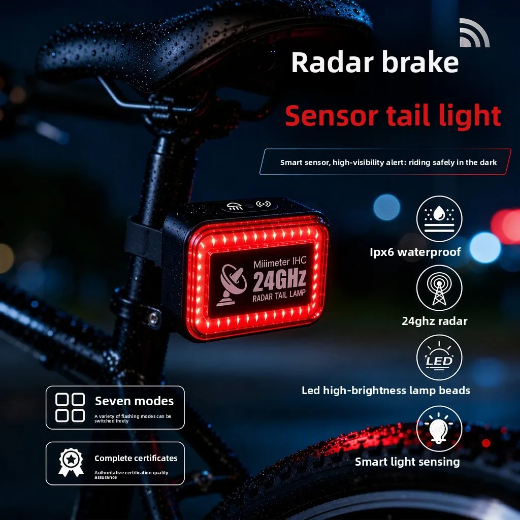 Bicycle Smart Millimeter Wave Radar Tail Light, Rechargeable Warning Rear Cycling Safety Lamp