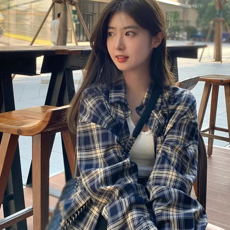 

Women Summer Blouse Vintage Plaid Lapel Collar Loose Casual Versatile Sun Protection Long Sleeve Shirt