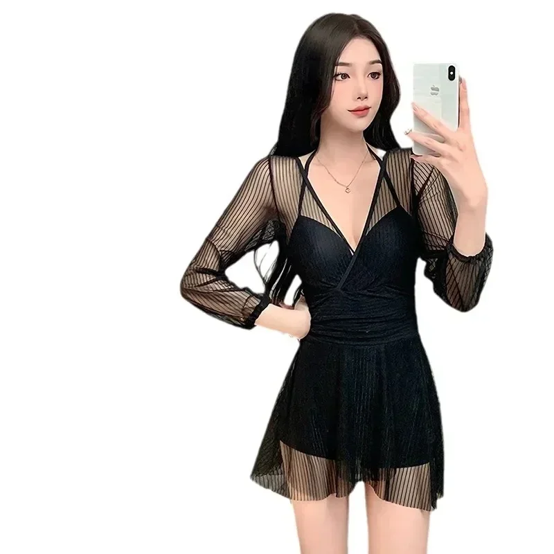 2025 New Korean Two Piece Swimwear Dress Trummy Control Swimsuit Long Sleeve Bathing Suit Sexy Monokini Swim Pool Beachwear