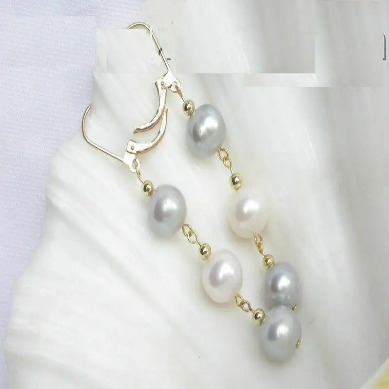 

9-10MM freshwater pearl white+grey pearl earrings +18K Formal Hoop Unisex Minimalist Crystal Anniversary Office Party Platinum
