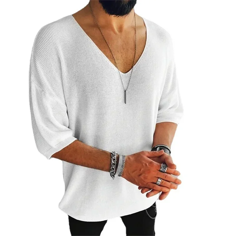 New Men's Summer Autumn Short Sleeved Top Fashionable Casual V-neck Knitted Shirt Male T-shirt