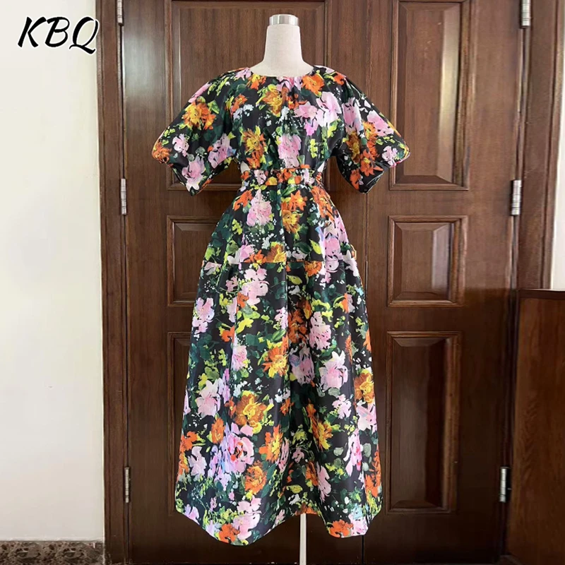 

KBQ Hit Color Tunic Temperament Long Dresses For Women Round Neck Puff Short Sleeve High Wiast Elegant Dress Female Fashion New