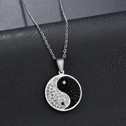 Trendy Black White Zircon Yin Yang Tai Chi Bagua Necklace For Women Men Stainless Steel Circle Pendant Jewelry Gifts