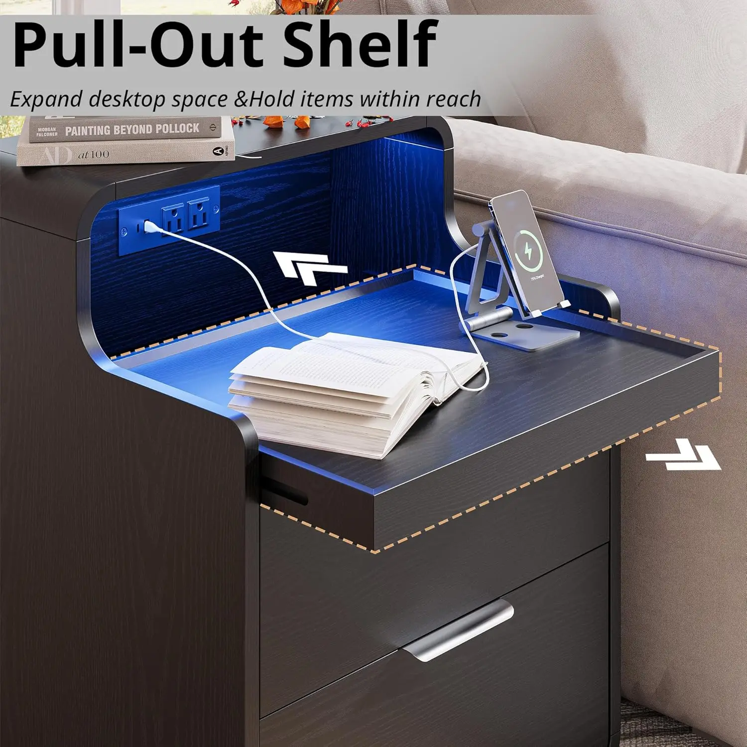 Storage Ambient Light Wireless Charging For Bedroom & Living Roo&Contemporary Smart Nightstand With Convertible Multifunctional