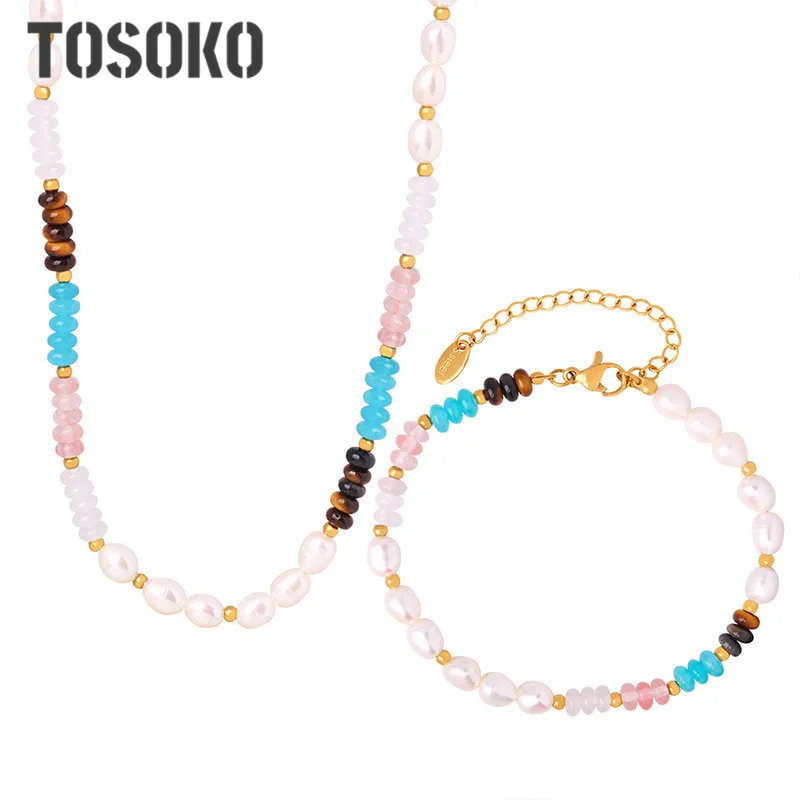 

TOSOKO Stainless Steel Jewelry Freshwater Pearl Natural Stone Beaded Holiday Style Necklace Bracelet Jewelry Set BSP1593