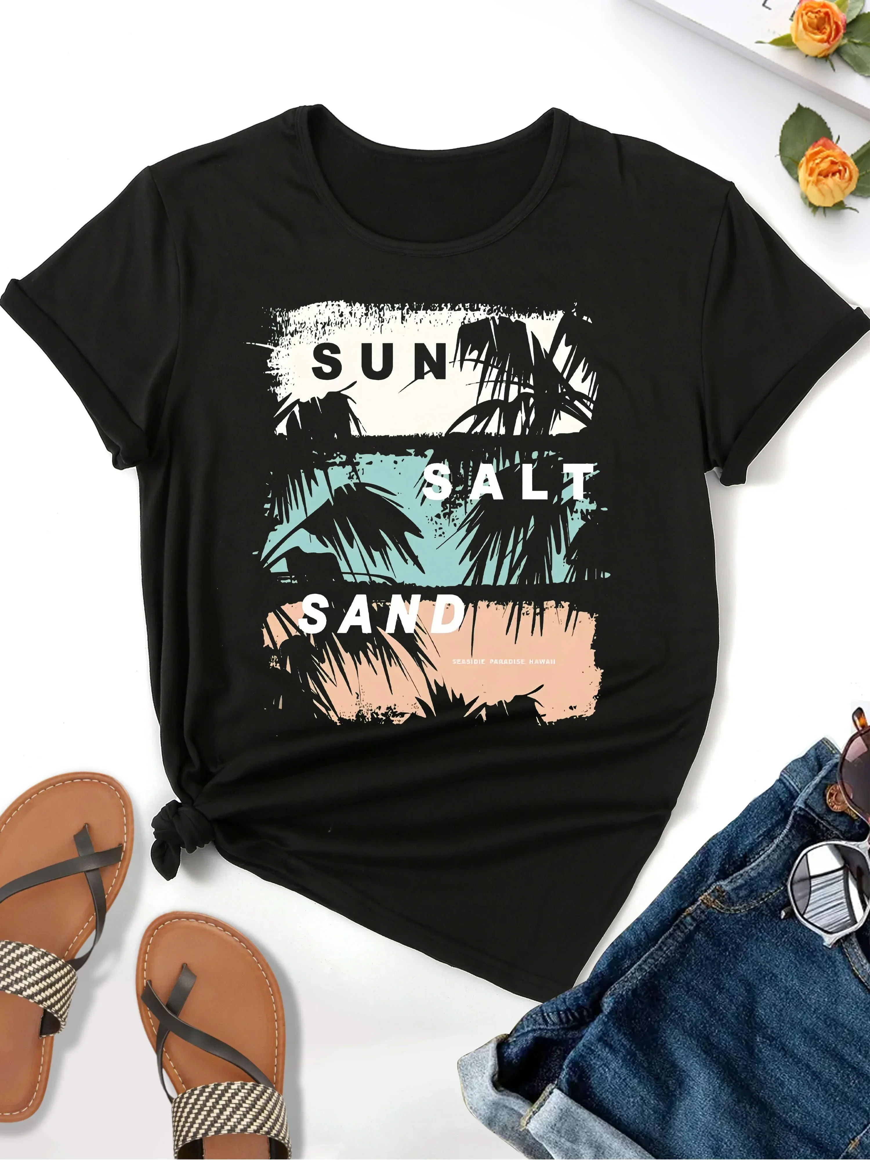 Short Sleeve T Shirt Summer Coconut Tree & Beach Print T-shirt, Casual Crew Neck Top for Spring & Summer, Women's Clothing Tee