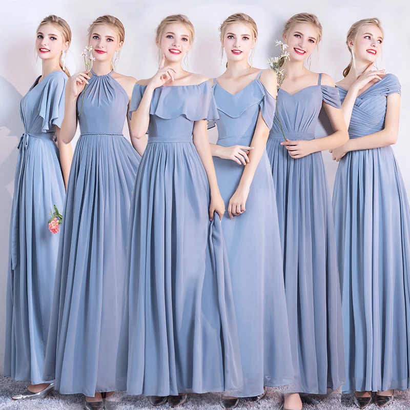 Customized Grey Dusty Blue Bridesmaid Dresses Chiffon Pleat Sweet Memory Floor-Length A-Line Formal Gown For Women Robe Mariage