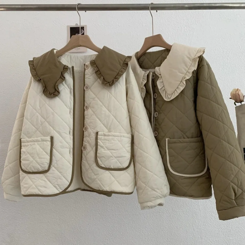 Vintage Kawaii Cotton Padded Jacket Women Japanese Ruffled Peter Pan Collar Sexy Parka Winter Tops Warm Patchwork Quilted Coat