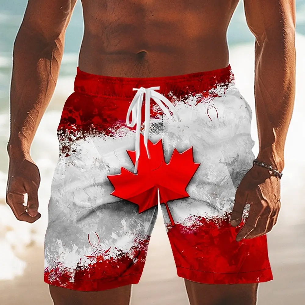 Men's Canadian Flag Pattern Casual Shorts Mid Rise Drawstring Waistband Side Pockets Designer Patriotic Outfit Spring Summer