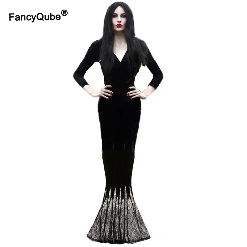 M-3XL Morticia Addams Costume Cosplay Halloween Sexy Gothic Wicked Witch Horror Maxi Lace Floor Dress Mermaid Outfit For Wom MN9