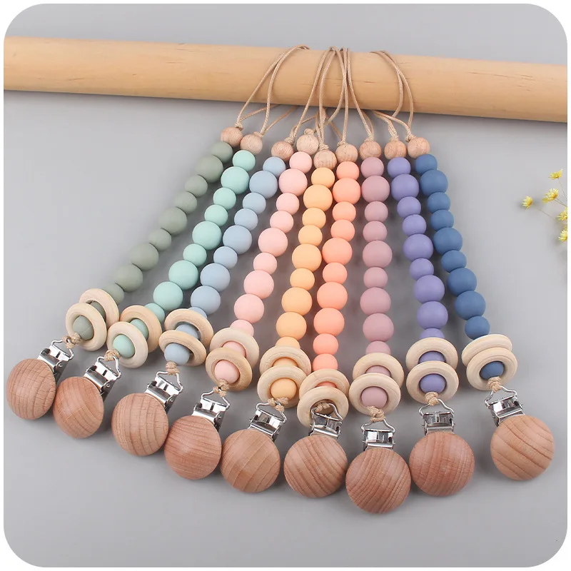 Baby Pacifier Clip Silicone Beads Bead Dummy Chain Holder Soother Chains Hemu Ring Beads wooden Clips Baby Teething Chew Toy