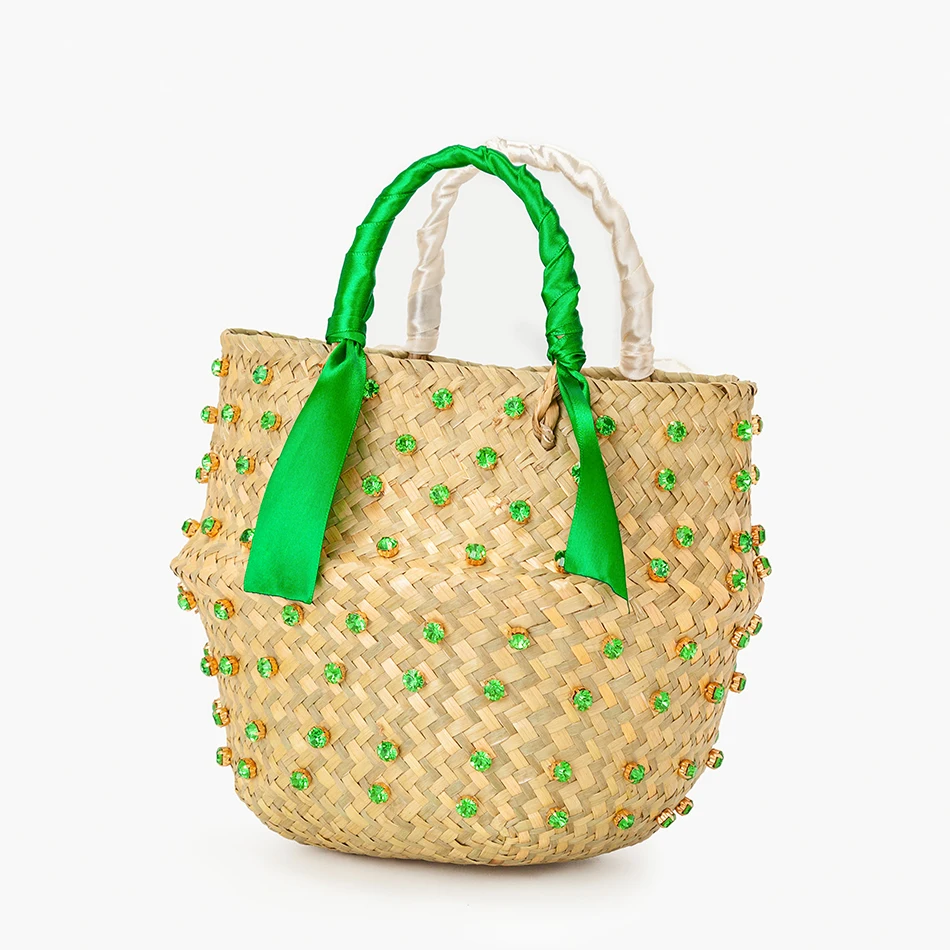 Round Nature Straw Crystal Bucket Bags For Women 2022 Summer Handmade Large Beach Rattan Woven Basket Bag Holiday High Quality