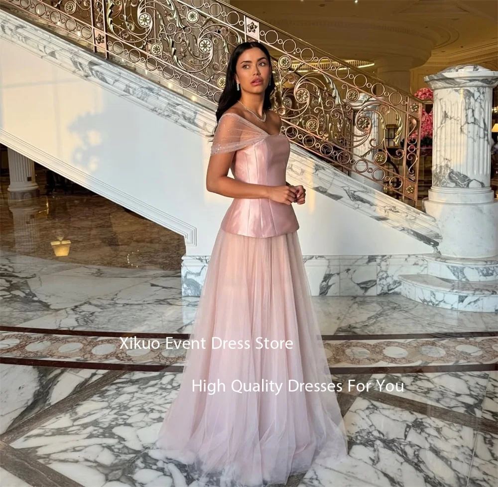 Xikuo Tulle Sheer Sleeves Evening Gowns A Line Pink Robe Cocktail Femmes Sparkly Formal Saudi Arabric Prom Dresses Customized