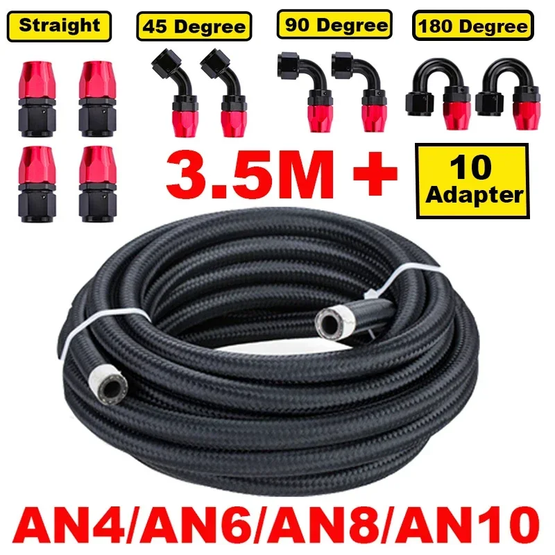 

3.5M AN4/6/8/10 Universal Nylon Braided Stainless Steel Oil Gas Fuel Hose Transmission Line High Pressure Fuel Line + 10 Adapter