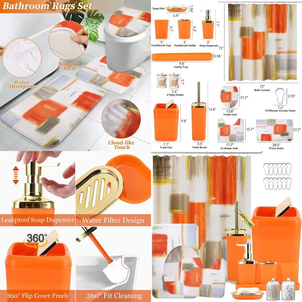 

Orange Bathroom Decor Set: Shower Curtain, Rugs, Trash Can, Dispenser, and Soap Dish