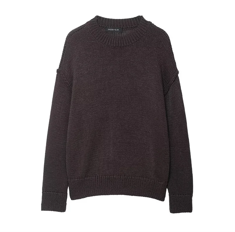 

Women's Top 2025 Autumn New Style Dark Brown Long Sleeve Round Neck Basic Knit Top Casual Fashion Simple Versatile