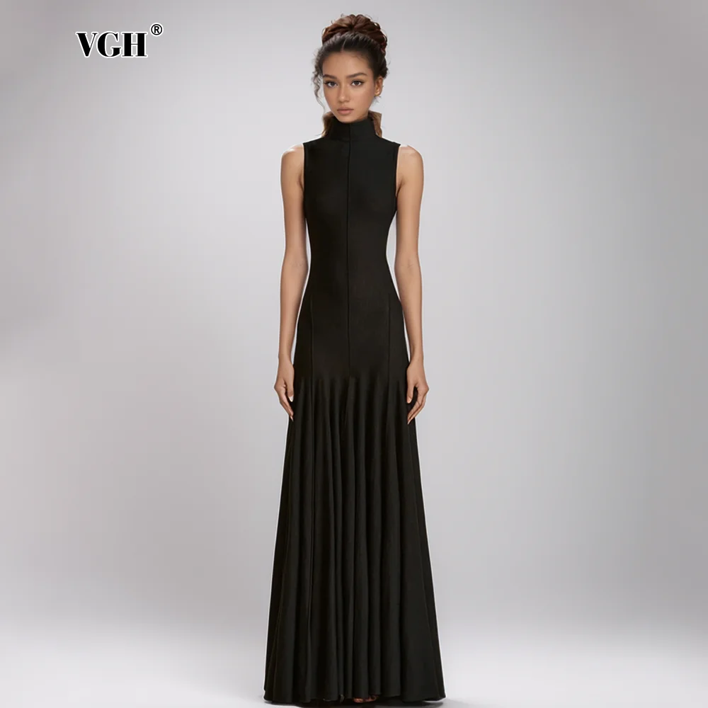

VGH Elegant Slimming Backless Long Dresses For Women Stand Collar Sleeveless High Waist Temperament Dresses Female Fashion New
