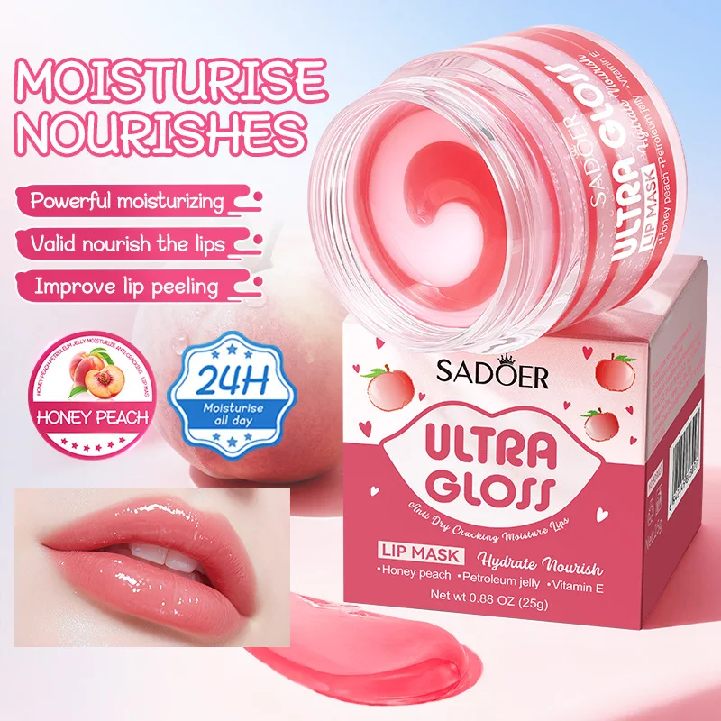 Mascarilla Labial Ultra Brillante SADOER, Miel y Melocotón, Hidratación 24H, Nutre con Vaselina y Vitamina E, Mejora el Agrietamiento y la Sequedad de los Labios