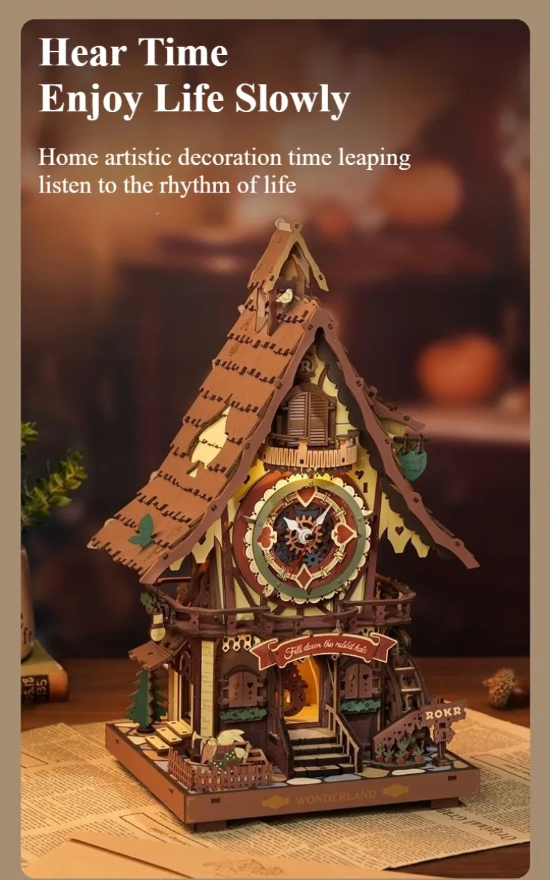 Robotime 3D Wooden Puzzle Cuckoo Clock Kit Black Forest Style with Working Bird DIY Clock Model Kit for Kids Adults Model Gift - view 6
