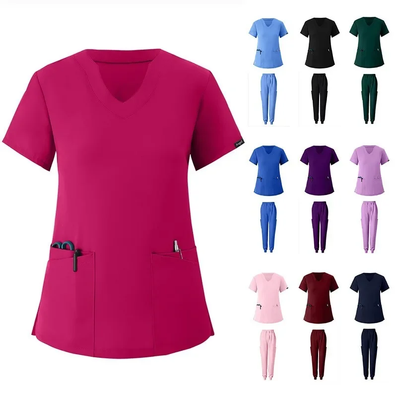 

Nurse Uniforms Woman Short Sleeve V Neck Top Scrubs Jogger Pants Medical Scrubs Set Women Summer Casual Uniformes Clinicos Mujer