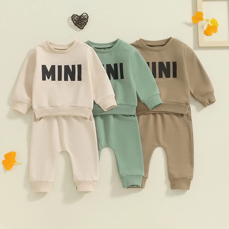 

0-3Y Baby Boys Girls Autumn Clothes Newborn Toddler Long Sleeve Letter Print Tops Sweatshirt Pockets Pants Outfits Tracksuits