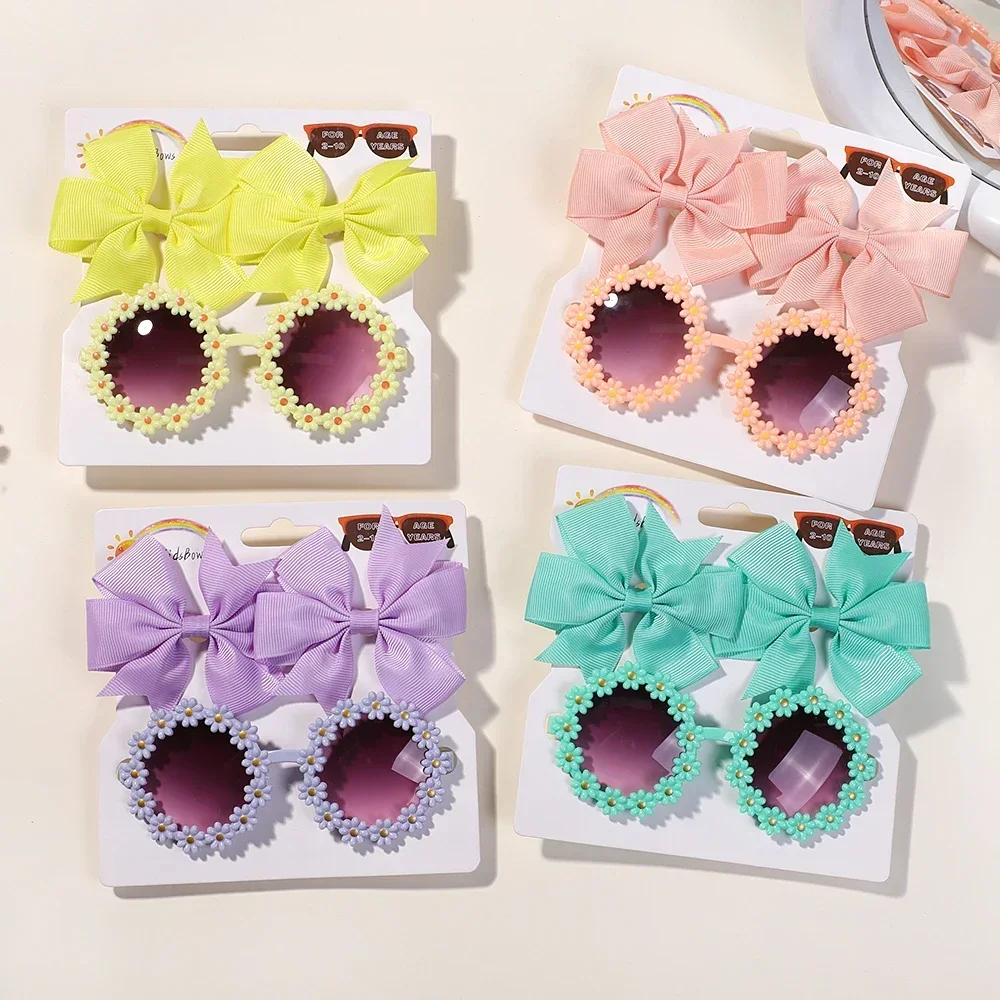 2Pcs/set Cute Girl Bow Hairclips Retro Flower Sunglasses Printing Handmade Hairgripes Kids Headwear Glasses Baby Accessories