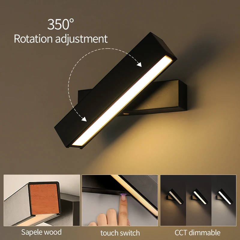 Aisilan Nordic wooden Wall Lamp with Touch Switch Adjust 3-CCT Modern Rotation reading Wall Sconce for Bedroom Living Room Porch