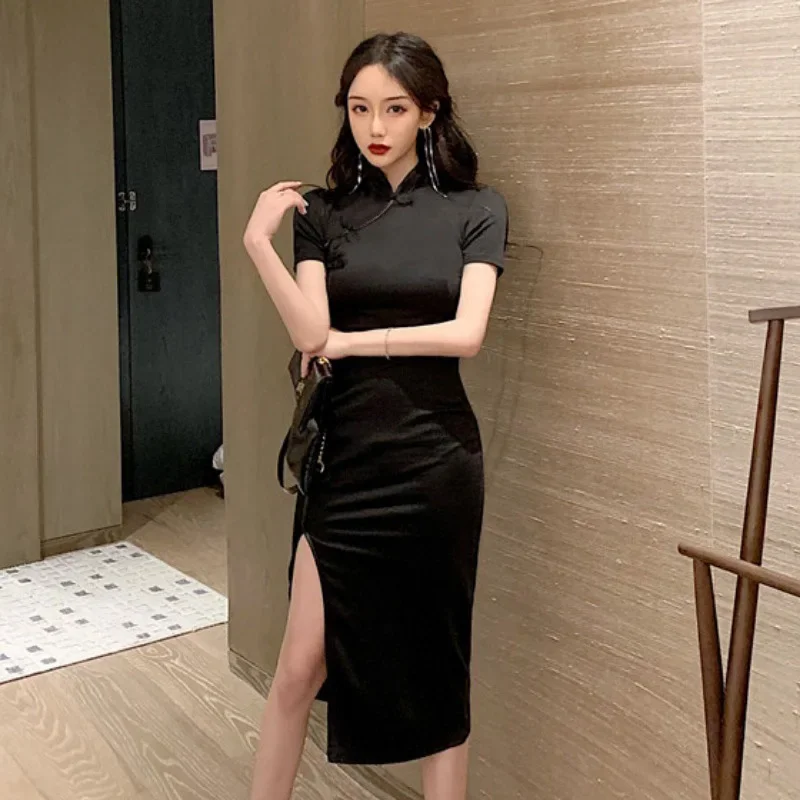 

Восточное платье, черное Ципао, Realsilk, ретро Cheongsam, традиционная китайская женская юбка по индивидуальному заказу, облегающее летнее китайское платье
