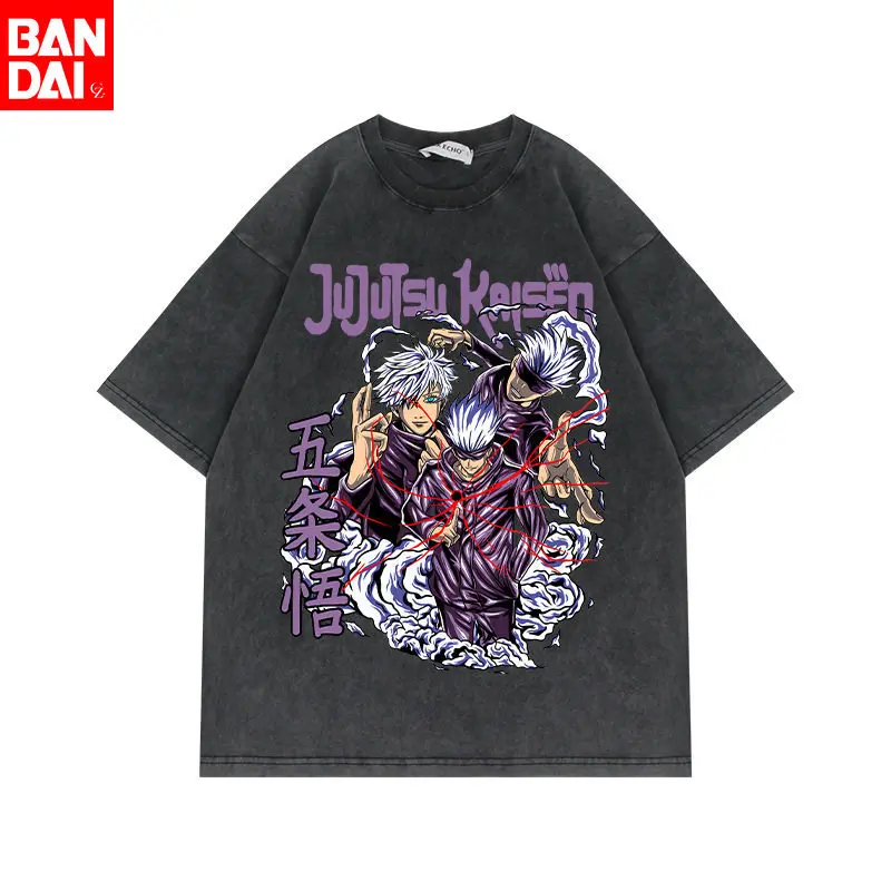 

Футболка Jujutsu Kaisen Gojo Satoru с тремя позами, фиолетово-красная, винтажная, с эффектом потертости, летняя, оверсайз, с аниме-графикой, для мужчин и женщин, коллекция 2026 года