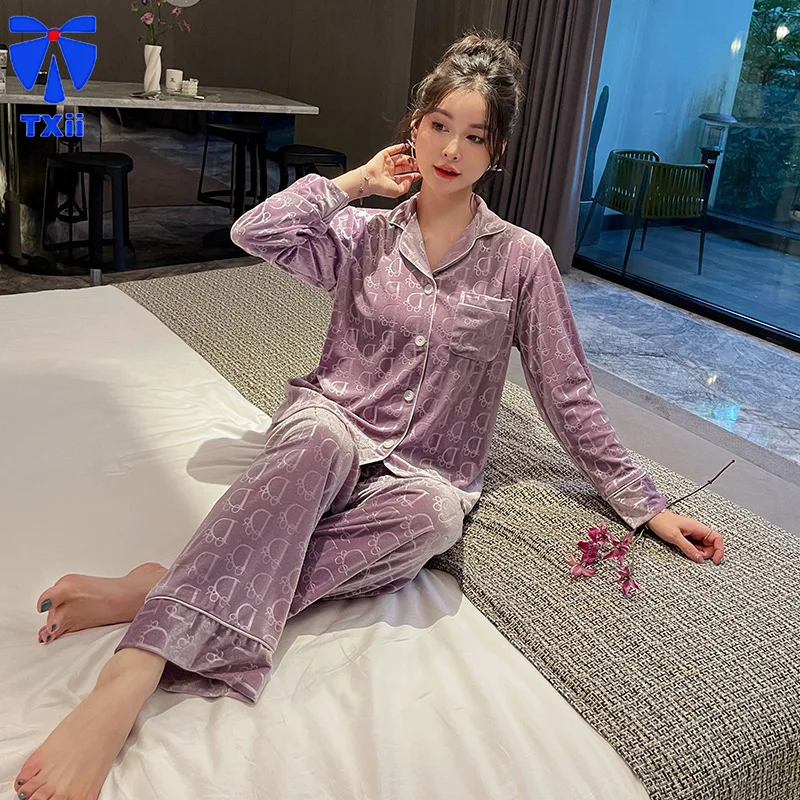 Autumn Thin Velvet Pajamas Women\'s New High-end Sense Solid Color Light Luxury Long-sleeved Trousers Home Clothes suit