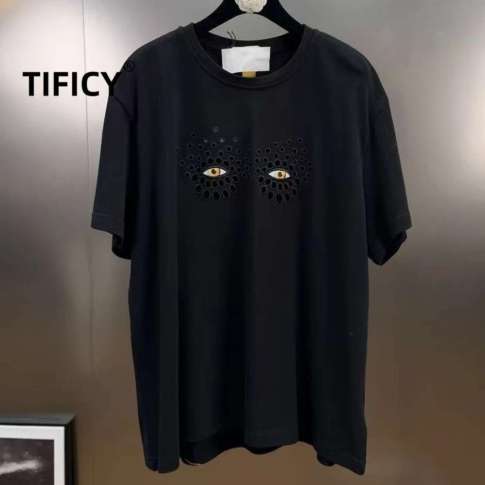 Camisetas de calle alta, camisetas de algodón, camisetas de verano para mujer, estilo Hip-hop, ojos bordados, camiseta de manga corta, estilo suelto y perezoso