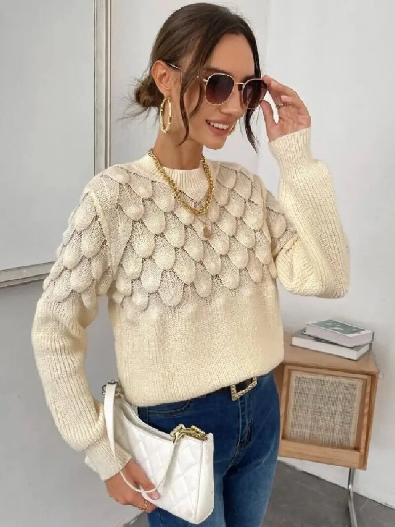 Women Sweater - Eyelet Detail Textured Knit Sweater