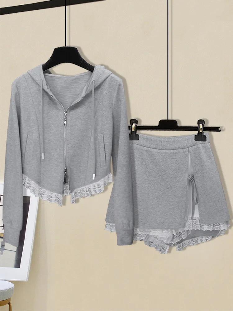

Lace Hooded Sweatshirt Jacket Sweet High Waisted Split Skirt Fashion Casual Spicy Girl Dress 2025 Autumn Women's Two-piece Set