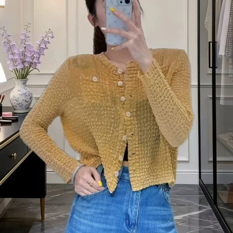 Miyake Pleated Shirt Women 2026 Summer New Embroidered Gradient Long Sleeve Pocket Cardigan Casual Elegant Versatile Women's Top