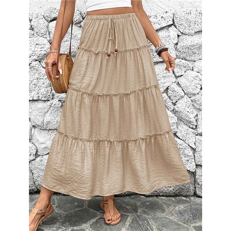 Women's Summer Boho Maxi Skirt Flowy Ruffle A-Line Elastic High Waist Pleated Tiered Beach Long Skirts