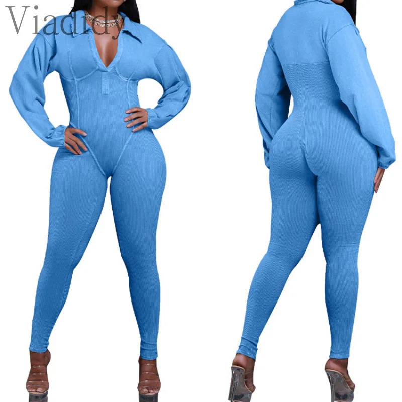 

Women Solid Color V-Neck Long Sleeve Skinny Jumpsuit