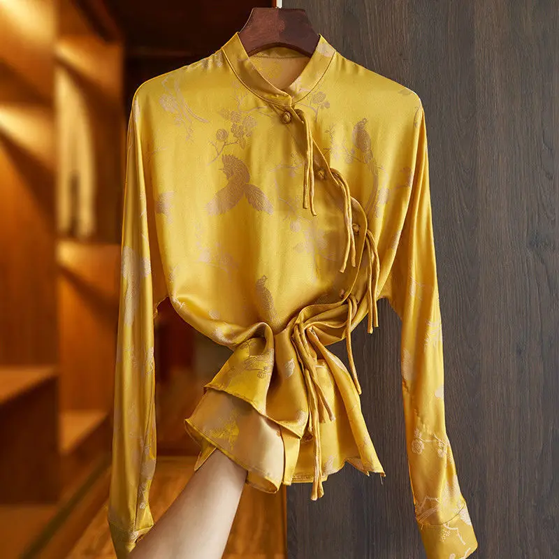 Yellow Print Fake Silk Women Shirts 2024 Summer Vintage Chinese Style Office Lady Work Blouse Disc Buckle Loose Blause Top KN370