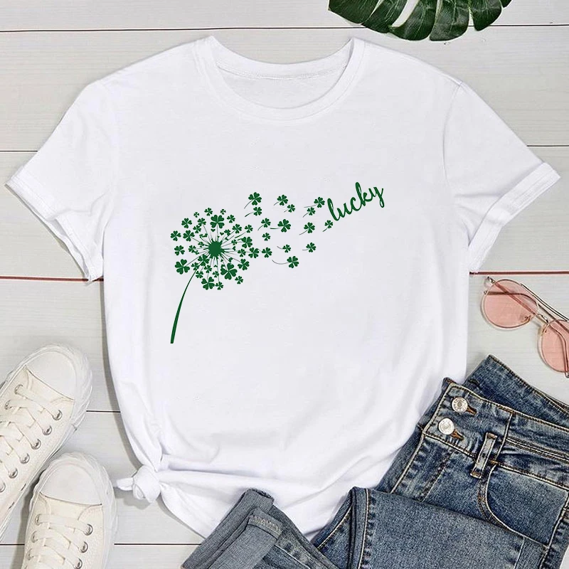 (Premium T-shirt)Funny St. Patrick'S Day Dandelion Lucky Printed T-Shirts For Women Summer Short Sleeve Round Neck Cute Loose T