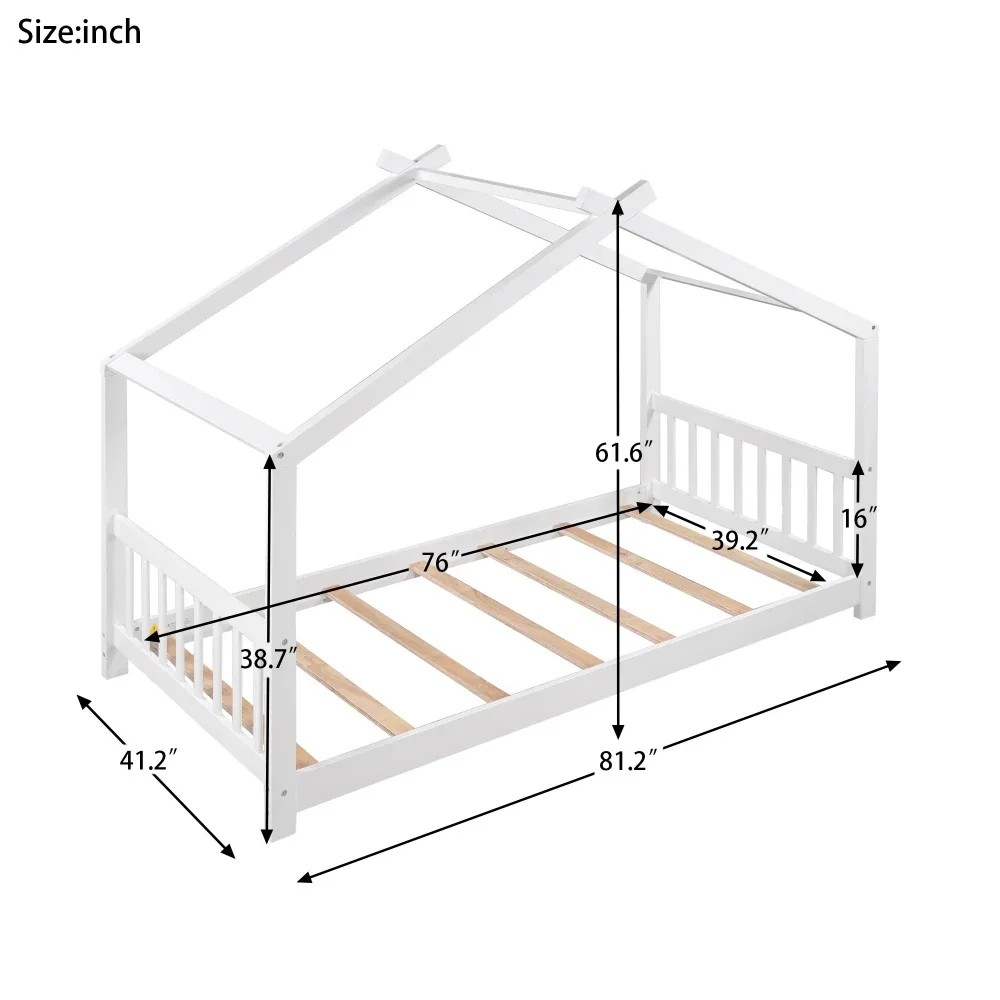 Letti per bambini bianchi, letto per bambini a basso profilo, letto a doppia piattaforma a forma di casa in legno per bambini, senza bisogno di molle