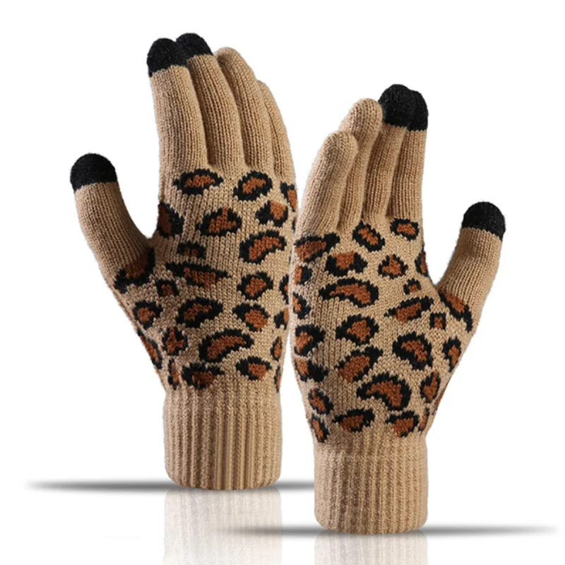 2022 Winter Warm Gloves Women Leopard Print Knitting Touch Screen Gloves Men Gloves Mobile Phone Christmas Gift