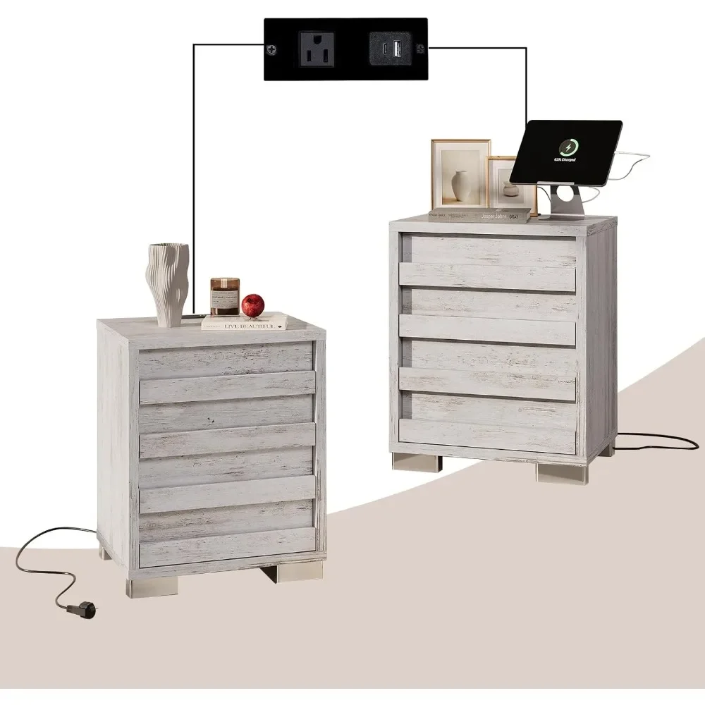 Nightstand Set of 2 with Charging Station, Slated Handles & Stainless Steel Feet, Bedside Table