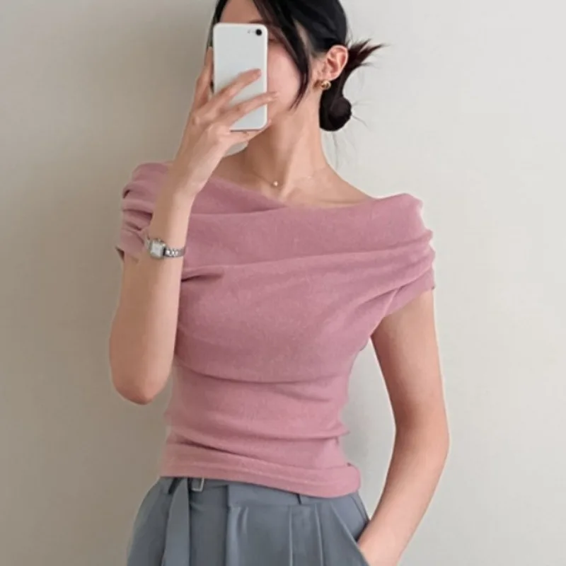 Neploe 2024 Summer New Knitted Tops Women Y2k Sexy Off Shoulder Slim Fit T-shirts Fashion Simple Sleeveless Black Tee Shirt