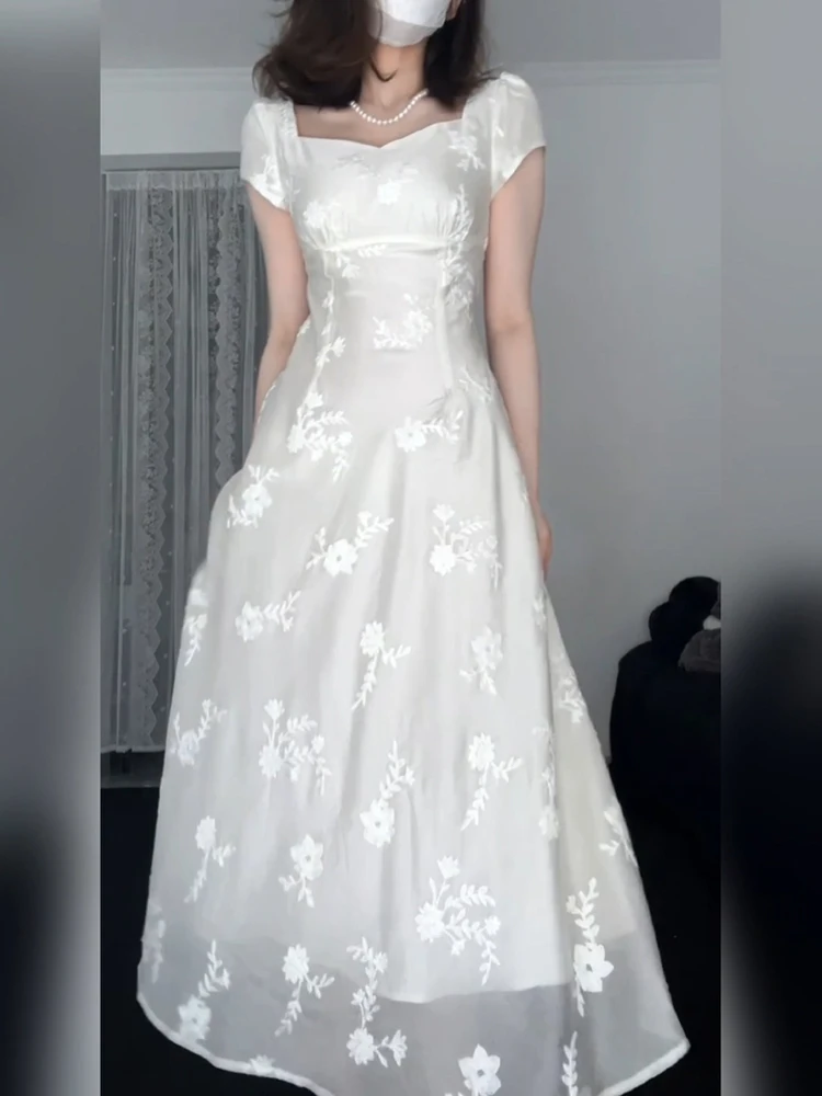 Vestido Largo de Verano XZY Ele, Bordado con Luz de Luna Blanca, Estilo Hada, Cuello en V, Talla Grande, Silueta en Línea A, Casual...